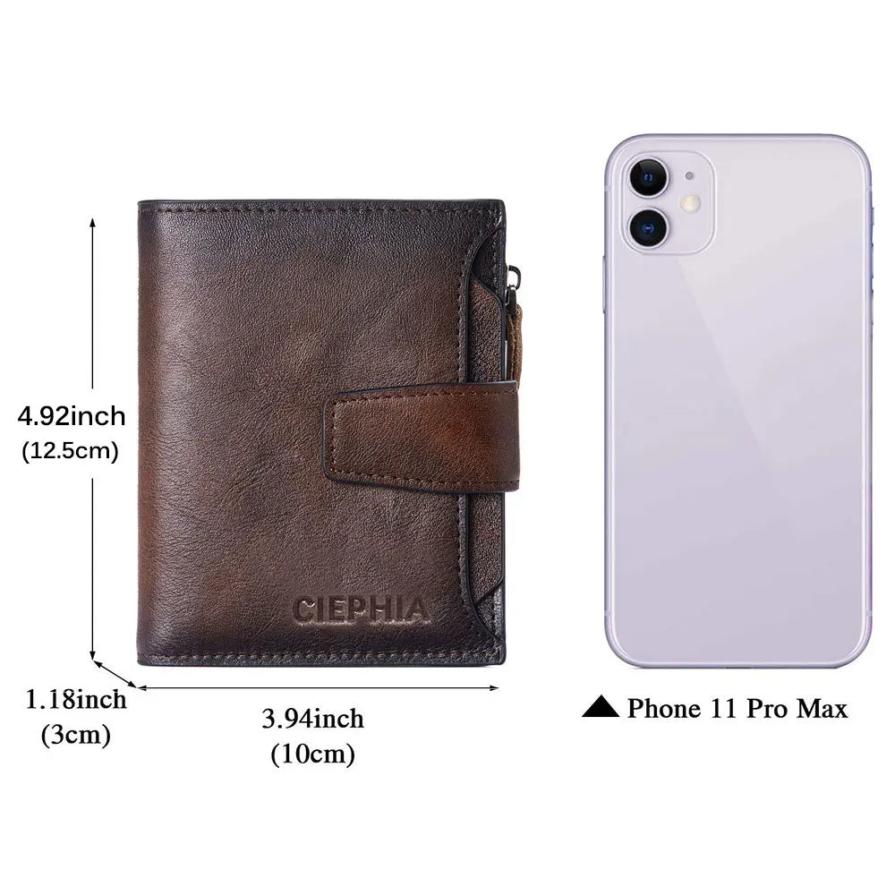 Men's Genuine Leather Wallet Vintage Short Multi Function Business Card Holder RFID Blocking Zipper Coin Pocket Money Clip