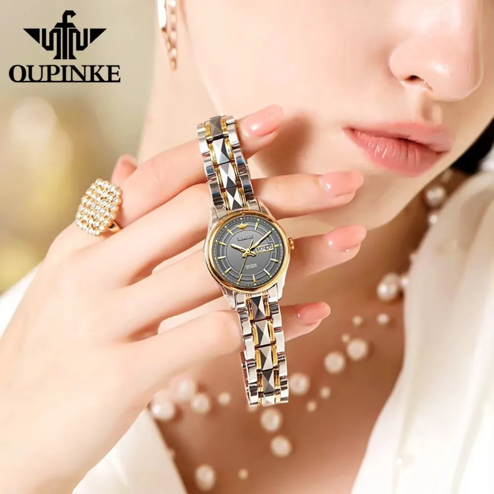 OUPINKE 3170 Women's Watches Fashion Tungsten Steel Strap Waterproof Dual Calendar Ladies Wristwatches Automatic Mechanical Watch