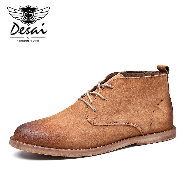 New Real Leather Boots Men Cowhide Hign Shoes British Retro Short Boots Male Tooling Desert Boots ClassicsAnti-slip shoes