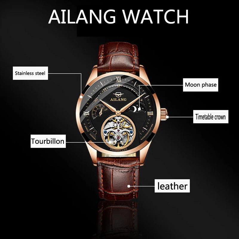 AILANG Automatic Mechanical Watches Mens Watches Top Brand Luxury Sapphire Genuine Leather Original Tourbillon Hollow Movement