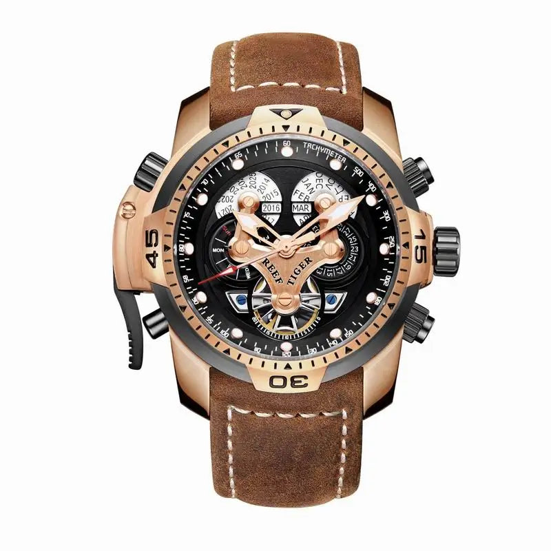 Reef Tiger/RT Luxury Brand Blue Military Watch Men Leather Strap Steel Automatic Watch Waterproof Relogio Masculino RGA3503