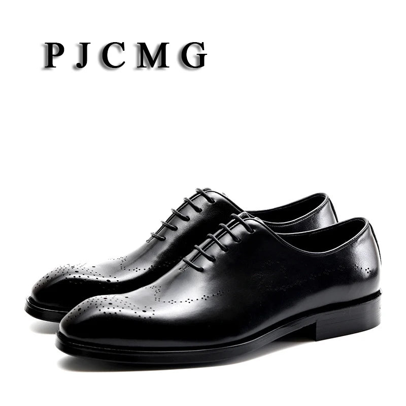 PJCMG Fashion Men Oxford Male Black/Red Lace-Up Solid Pointed Toe Dress Genuine Leather Wedding Business Oxfords Shoes