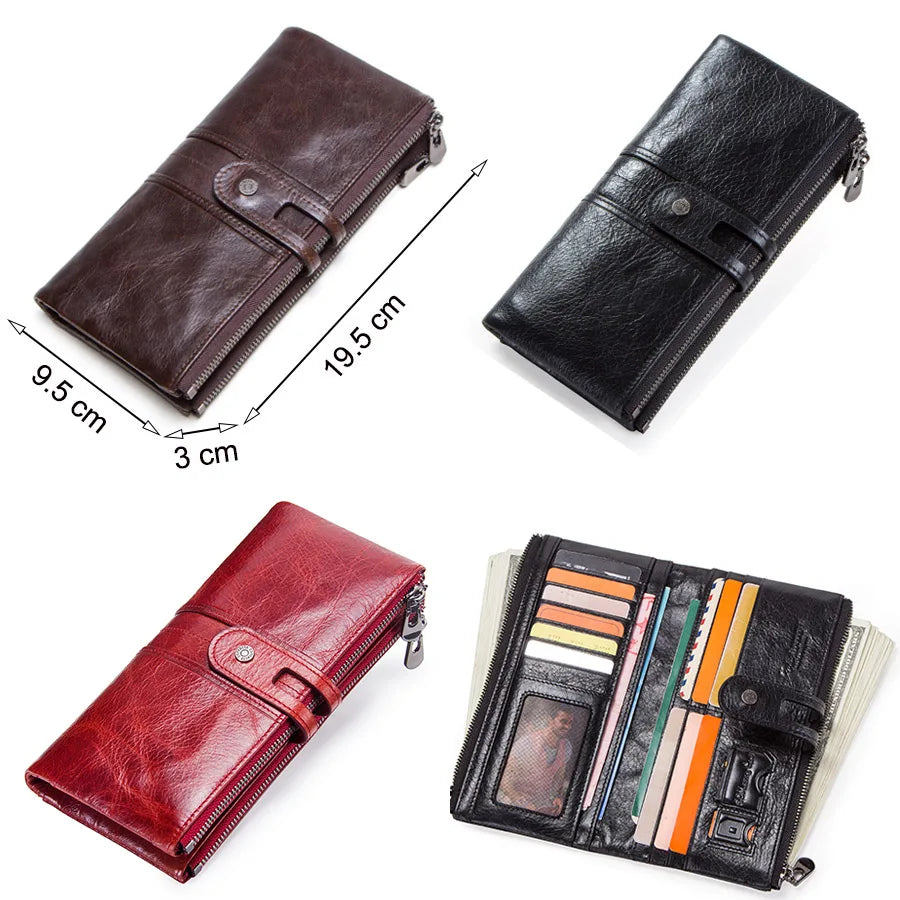 CONTACT'S genuine leather men long wallet lady purse card holder clutch with coin pocket zipper money bag for phone male wallets