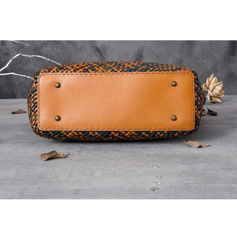 Women Leather Handbag Romantic Big Handmade Woven Totes Female Cowhide Big Holiday Bucket Bag Causal Beach Shoulder Handbags
