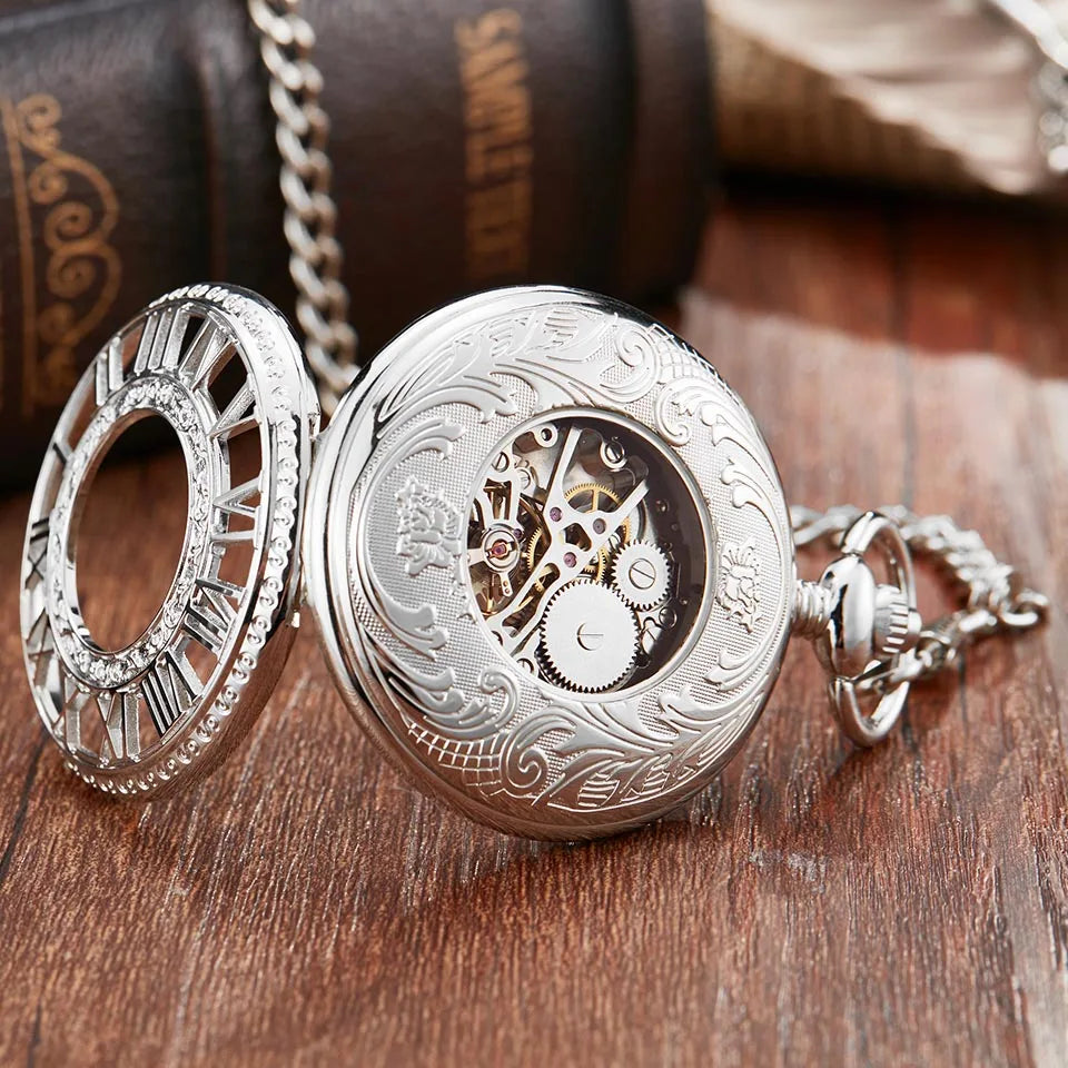 Retro Silver Mechanical Pocket Watch With Chain Unique Roman Numerals Hollow Sculpture Hand Wind Mechanical Pocket Watches Mens