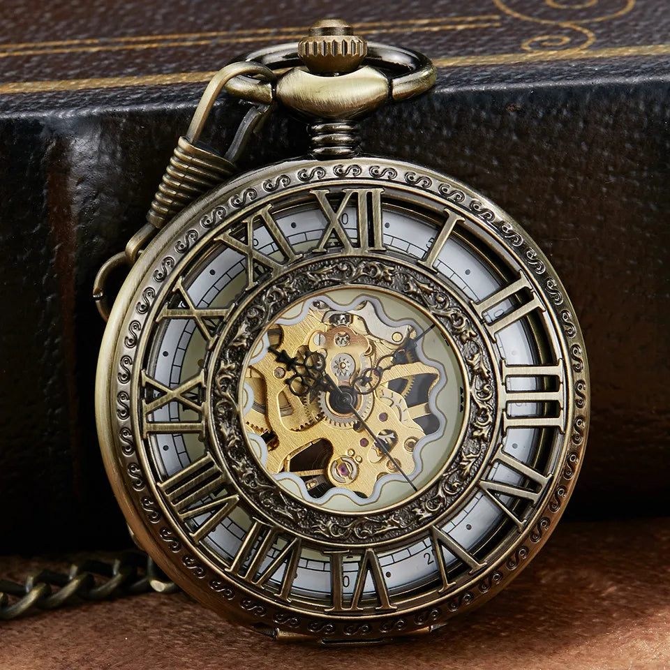 Retro Silver Mechanical Pocket Watch With Chain Unique Roman Numerals Hollow Sculpture Hand Wind Mechanical Pocket Watches Mens