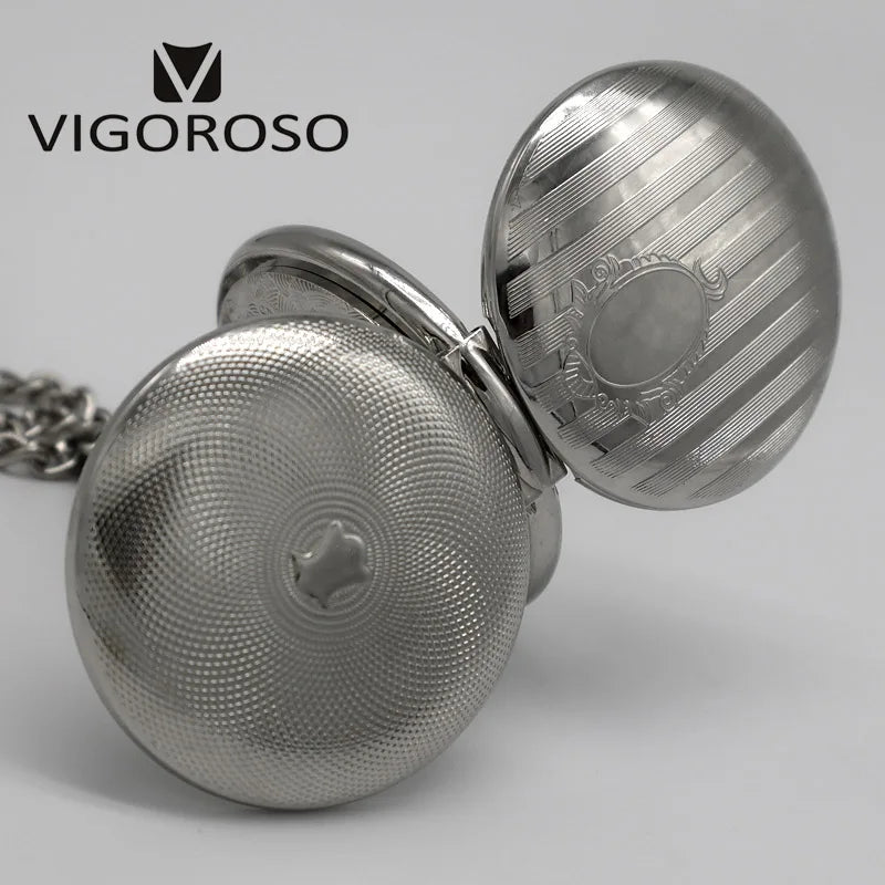 VIGOROSO Silvery Tone Steel Double Hunter Mechanical Pocket Watch Hand-winding Skeleton Silver FOB Chain Clock Gifts Men Ladies