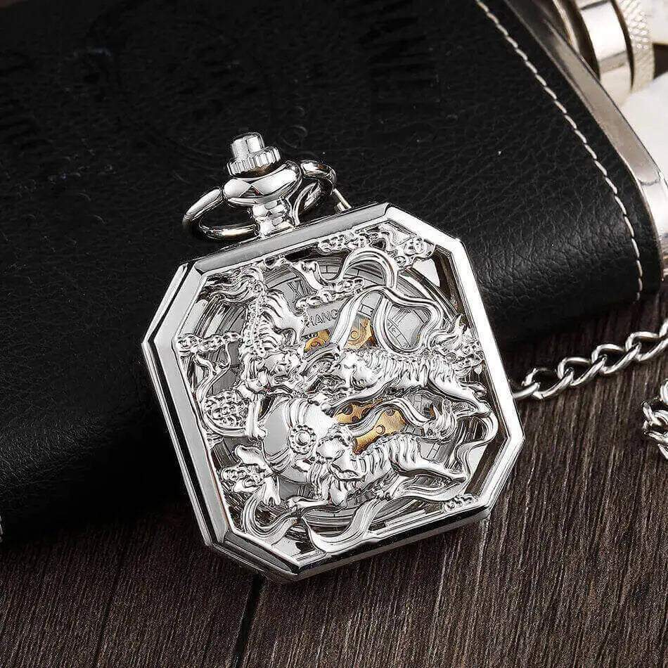 New Square Mehanical Pocket Watch Chains Chinese Beast Kylin Hollow Skeleton Engraved Fob Watches Steampunk for Men Women Reloj