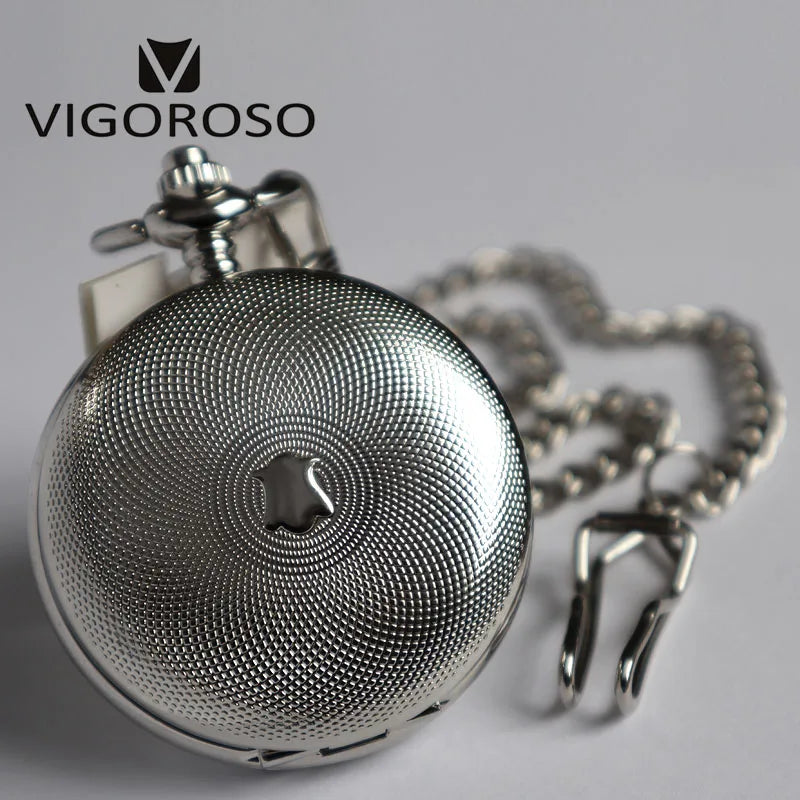 VIGOROSO Silvery Tone Steel Double Hunter Mechanical Pocket Watch Hand-winding Skeleton Silver FOB Chain Clock Gifts Men Ladies