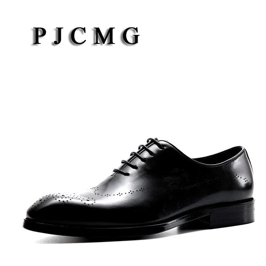 PJCMG Fashion Men Oxford Male Black/Red Lace-Up Solid Pointed Toe Dress Genuine Leather Wedding Business Oxfords Shoes