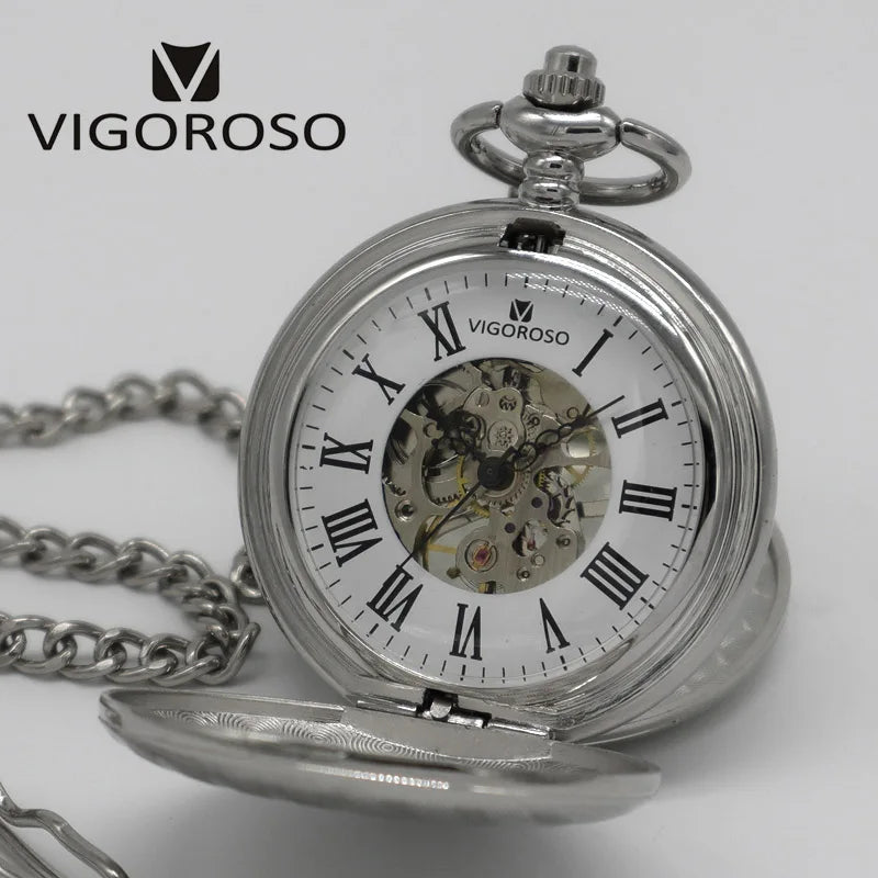 VIGOROSO Silvery Tone Steel Double Hunter Mechanical Pocket Watch Hand-winding Skeleton Silver FOB Chain Clock Gifts Men Ladies