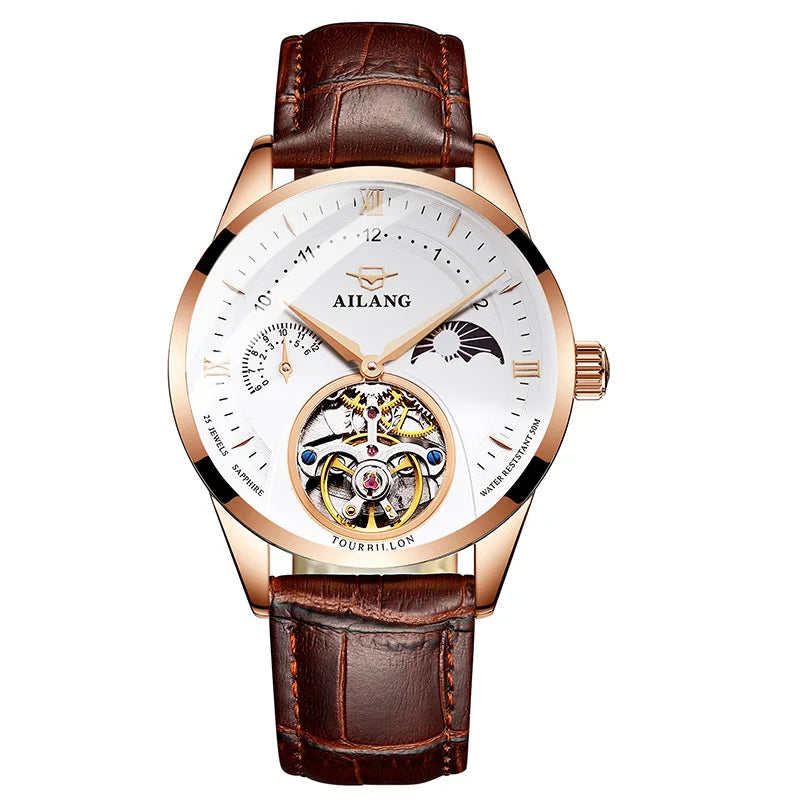 AILANG Automatic Mechanical Watches Mens Watches Top Brand Luxury Sapphire Genuine Leather Original Tourbillon Hollow Movement