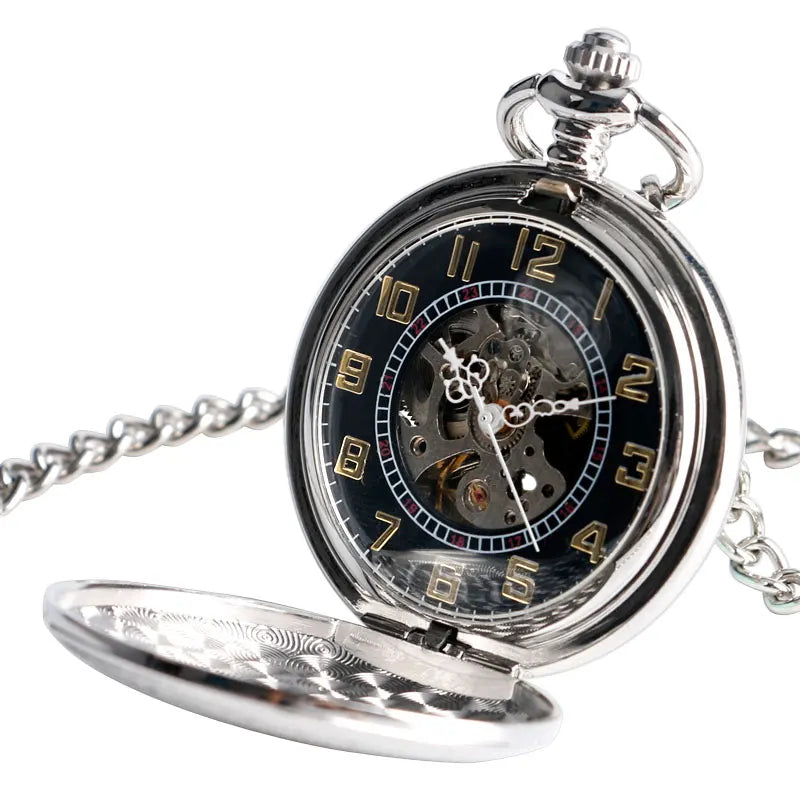 TOP Sales Silver Steampunk Skeleton Automatic Mechanical Pocket Watch with Chain Erkek Kol Saati Watches Men Unisex Gifts Clock