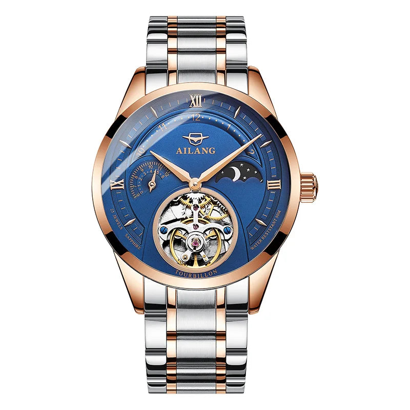 AILANG Automatic Mechanical Watches Mens Watches Top Brand Luxury Sapphire Genuine Leather Original Tourbillon Hollow Movement