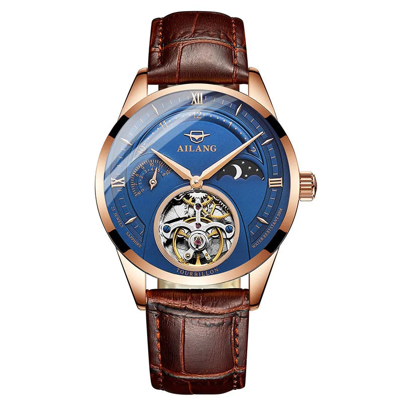 AILANG Automatic Mechanical Watches Mens Watches Top Brand Luxury Sapphire Genuine Leather Original Tourbillon Hollow Movement