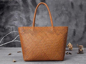 Women Leather Handbag Romantic Big Handmade Woven Totes Female Cowhide Big Holiday Bucket Bag Causal Beach Shoulder Handbags
