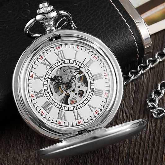 Vintage Silver Pocket Watch Mechanical Man Hand Wind Steampunk Necklace Fob Watch Chain Roman Numerals Lady Clock For Women Men