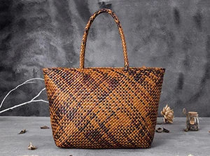 Women Leather Handbag Romantic Big Handmade Woven Totes Female Cowhide Big Holiday Bucket Bag Causal Beach Shoulder Handbags