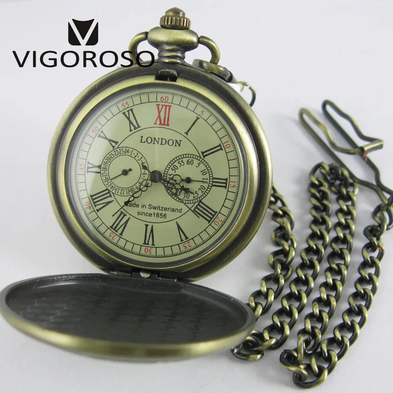 Luxury Two Sub-dials Mechanical Pocket Watch Hand Winding Bronze Alloy Skeleton Back FOB Chain Vintage Retro Roman Numeral Clock
