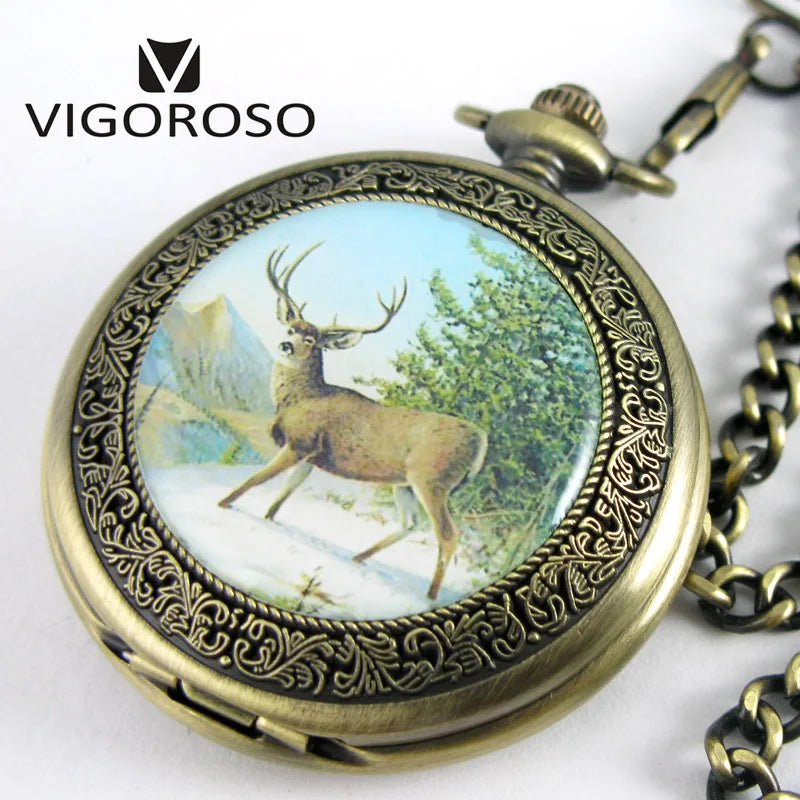 Luxury Two Sub-dials Mechanical Pocket Watch Hand Winding Bronze Alloy Skeleton Back FOB Chain Vintage Retro Roman Numeral Clock