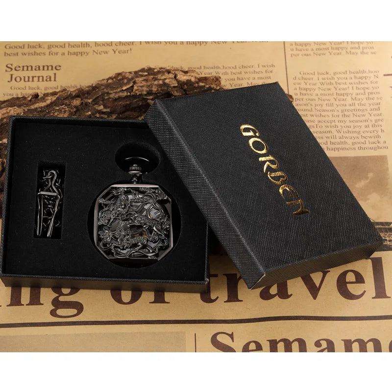 Black Hollow Chinese Mascot Lion Hand Wind Mechanical Pocket Watch Men Retro Skeleton Fob Chain Watch Steampunk Clock Gift Box