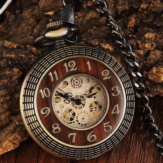 Unique Wood Circel Gear Dial Bronze Antique Mechanical Pocket Watch Men Vintage Engraved Fob Hand Wind Steampunk Watch Women