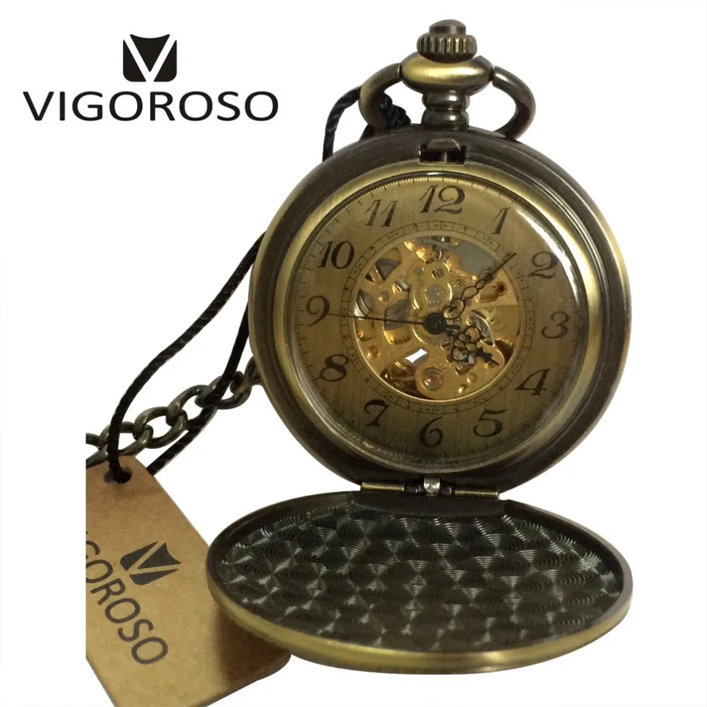 Antique Automatic Pocket Watch Mechanical Self-winding Skeleton Arabic Numerals Bronze Alloy Case Fob Chain Vintage Clock Men