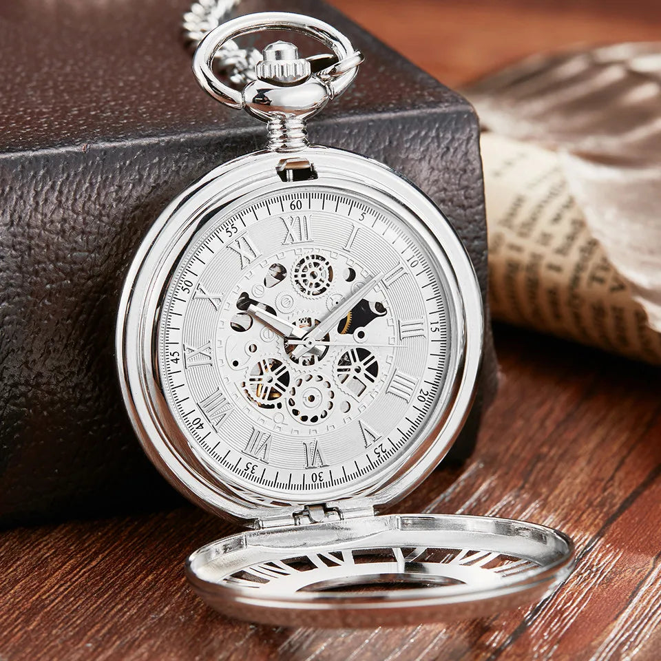 Retro Silver Mechanical Pocket Watch With Chain Unique Roman Numerals Hollow Sculpture Hand Wind Mechanical Pocket Watches Mens