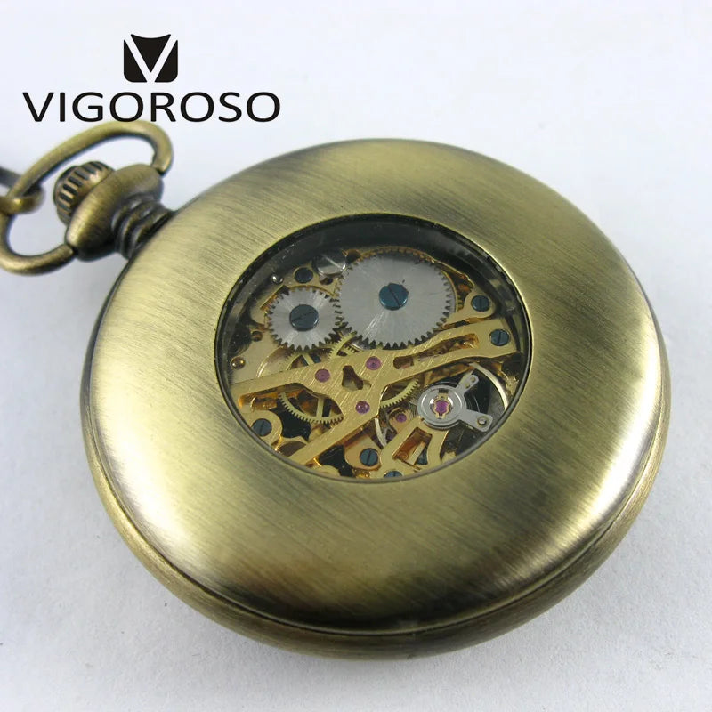 Luxury Two Sub-dials Mechanical Pocket Watch Hand Winding Bronze Alloy Skeleton Back FOB Chain Vintage Retro Roman Numeral Clock