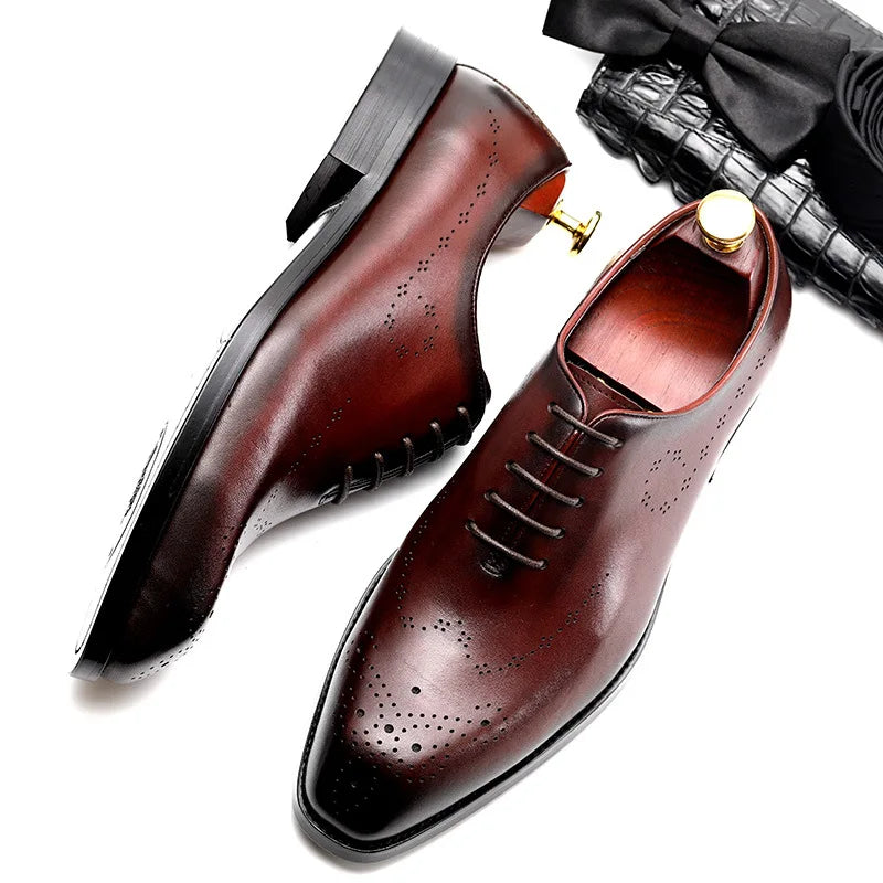 PJCMG Fashion Men Oxford Male Black/Red Lace-Up Solid Pointed Toe Dress Genuine Leather Wedding Business Oxfords Shoes