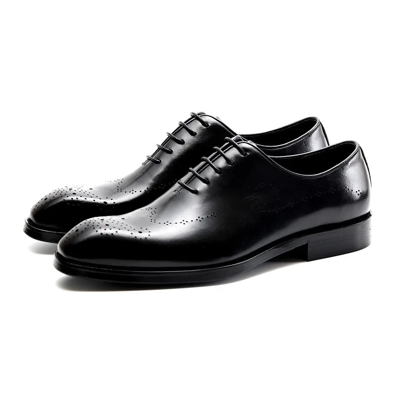 PJCMG Fashion Men Oxford Male Black/Red Lace-Up Solid Pointed Toe Dress Genuine Leather Wedding Business Oxfords Shoes