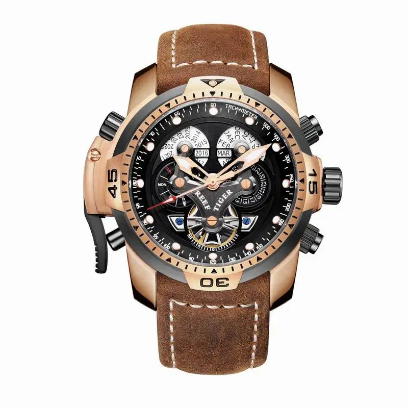 Reef Tiger/RT Luxury Brand Blue Military Watch Men Leather Strap Steel Automatic Watch Waterproof Relogio Masculino RGA3503