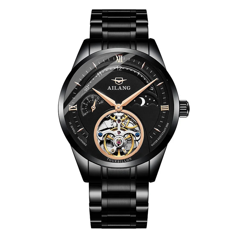 AILANG Automatic Mechanical Watches Mens Watches Top Brand Luxury Sapphire Genuine Leather Original Tourbillon Hollow Movement