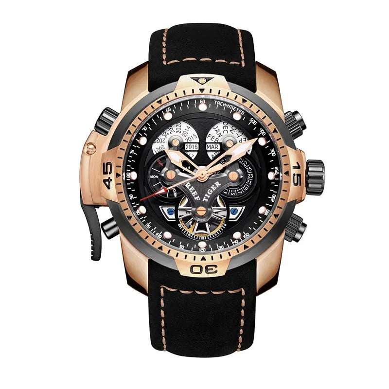 Reef Tiger/RT Luxury Brand Blue Military Watch Men Leather Strap Steel Automatic Watch Waterproof Relogio Masculino RGA3503