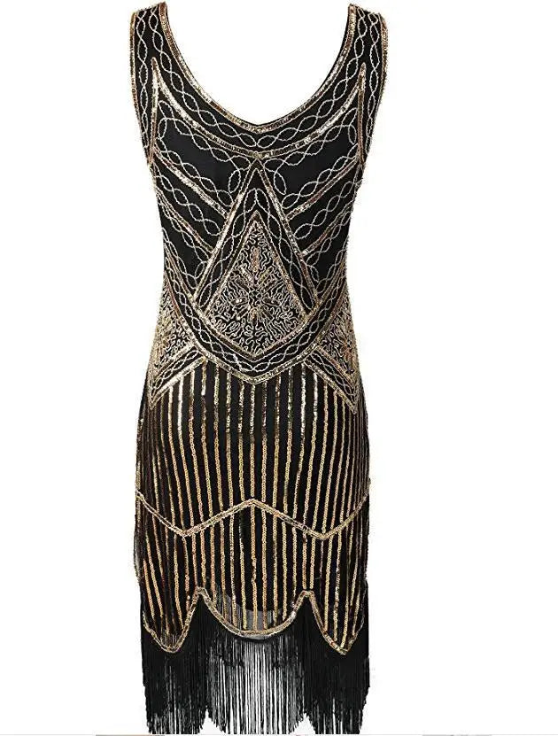 Women 1920s Great Gastby Sequin Art Deco Double Flapper Dresses Vintage V Neck Party Dress Embellished Fringed Summer Sleeveless