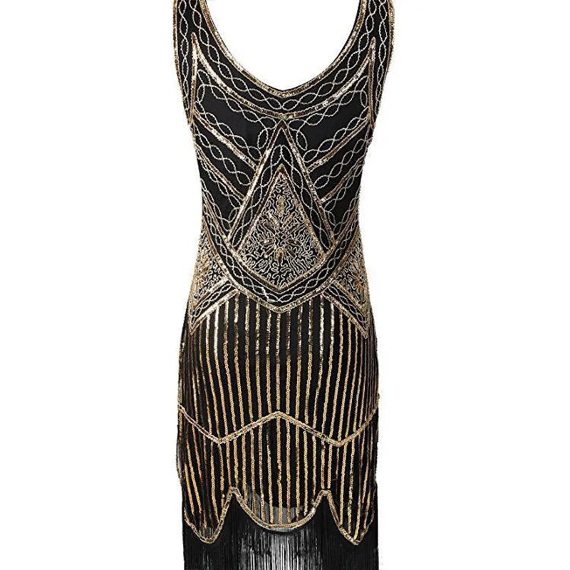 Women 1920s Great Gastby Sequin Art Deco Double Flapper Dresses Vintage V Neck Party Dress Embellished Fringed Summer Sleeveless