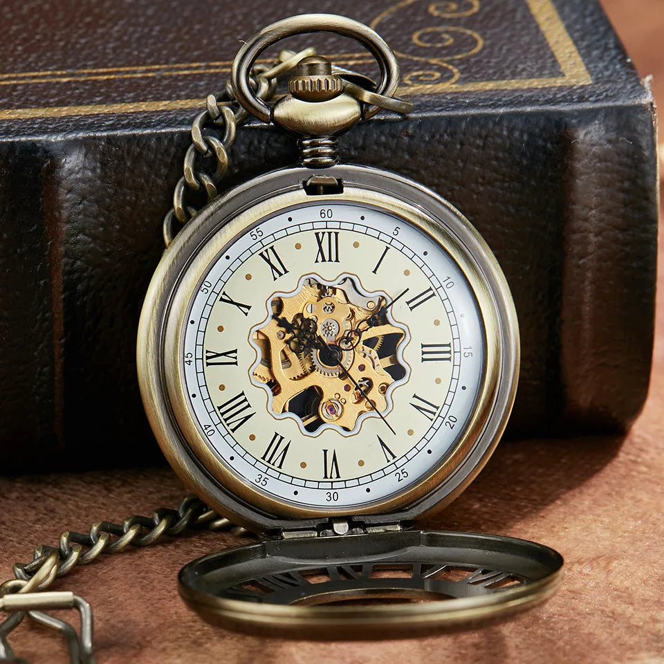 Retro Silver Mechanical Pocket Watch With Chain Unique Roman Numerals Hollow Sculpture Hand Wind Mechanical Pocket Watches Mens