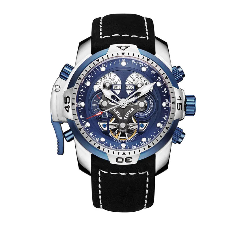 Reef Tiger/RT Luxury Brand Blue Military Watch Men Leather Strap Steel Automatic Watch Waterproof Relogio Masculino RGA3503