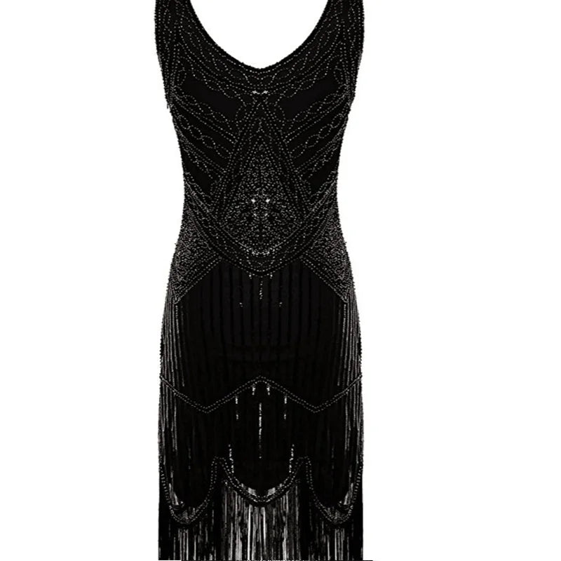 Women 1920s Great Gastby Sequin Art Deco Double Flapper Dresses Vintage V Neck Party Dress Embellished Fringed Summer Sleeveless