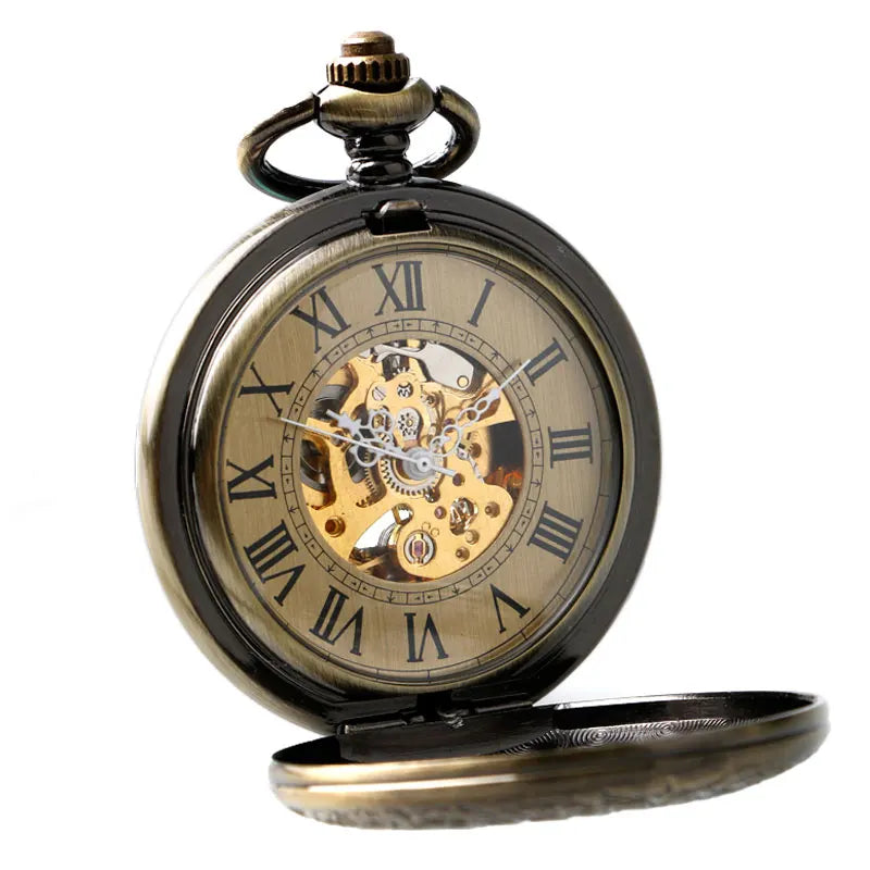 Roman Numerals Steampunk Self Wind Carving Pocket Watch Skeleton Exquisite Automatic Mechanical Bronze Pendant Gift for Nurse