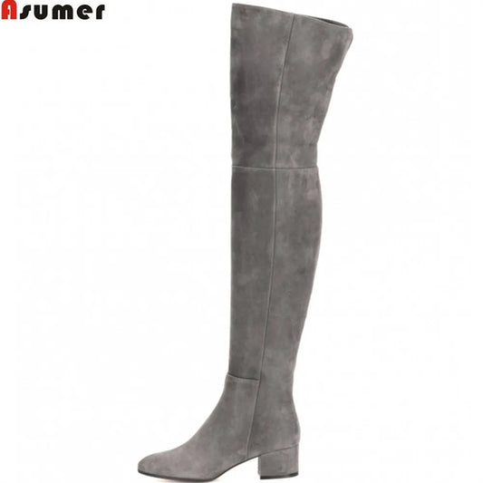 ASUMER black gray fashion women boots square heel cow suede ladies boots zipper square heel leather over the knee boots