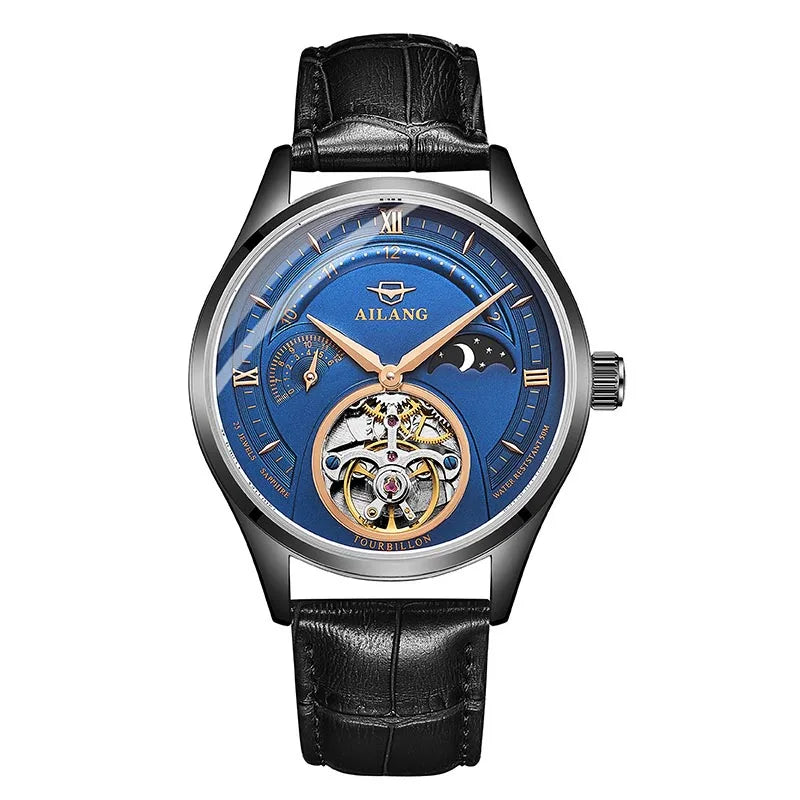AILANG Automatic Mechanical Watches Mens Watches Top Brand Luxury Sapphire Genuine Leather Original Tourbillon Hollow Movement