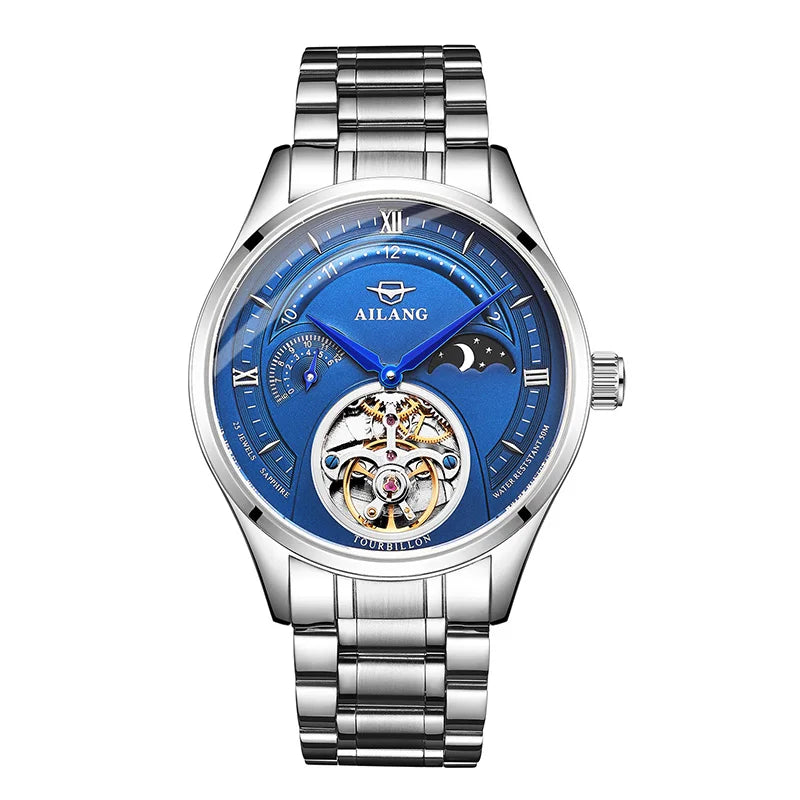 AILANG Automatic Mechanical Watches Mens Watches Top Brand Luxury Sapphire Genuine Leather Original Tourbillon Hollow Movement