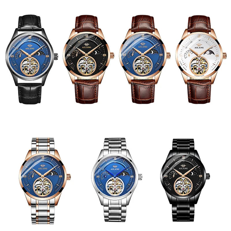 AILANG Automatic Mechanical Watches Mens Watches Top Brand Luxury Sapphire Genuine Leather Original Tourbillon Hollow Movement