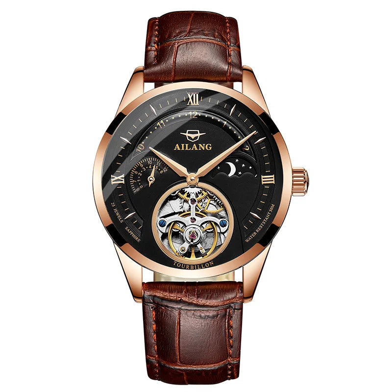 AILANG Automatic Mechanical Watches Mens Watches Top Brand Luxury Sapphire Genuine Leather Original Tourbillon Hollow Movement