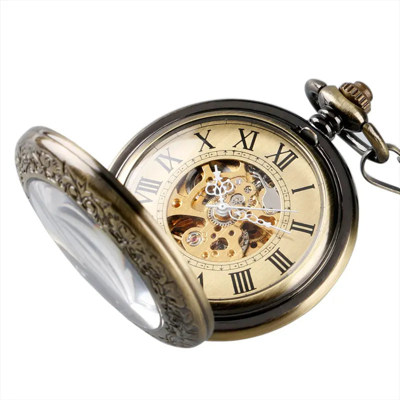 Roman Numerals Steampunk Self Wind Carving Pocket Watch Skeleton Exquisite Automatic Mechanical Bronze Pendant Gift for Nurse