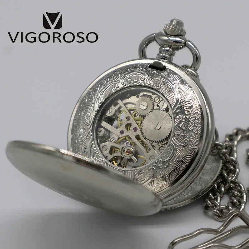 VIGOROSO Silvery Tone Steel Double Hunter Mechanical Pocket Watch Hand-winding Skeleton Silver FOB Chain Clock Gifts Men Ladies