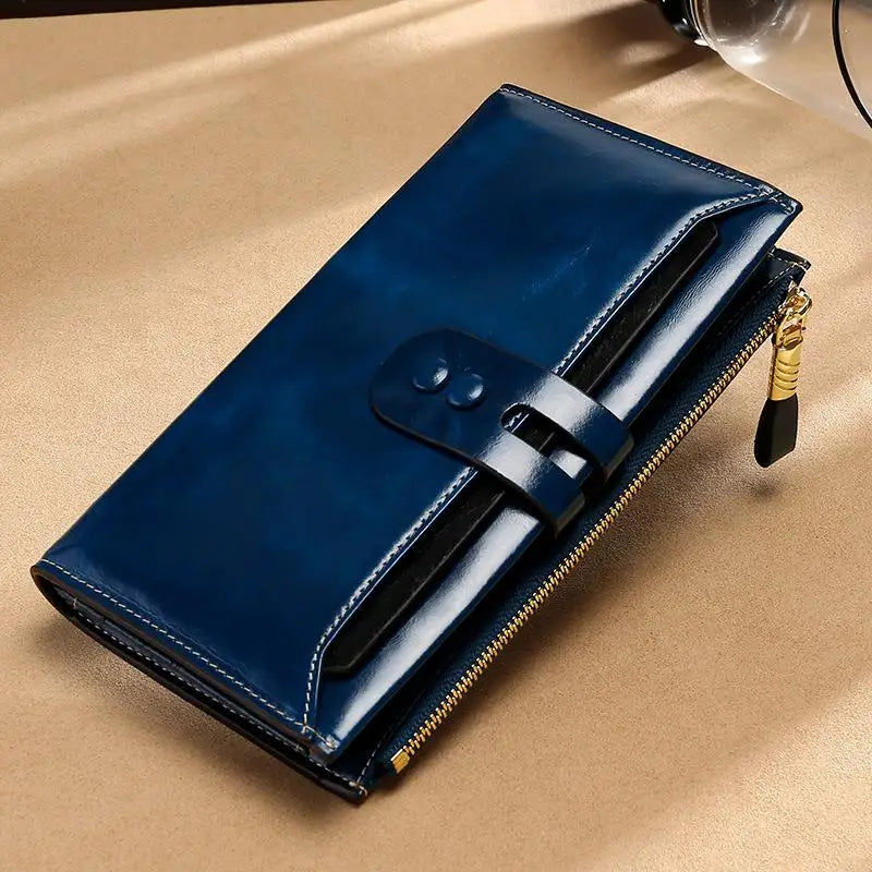RFID Blocking Genuine Leather Women Wallet Long Lady Leather Purse Brand Design Luxury Oil Wax Leather Female Wallet Coin Purse