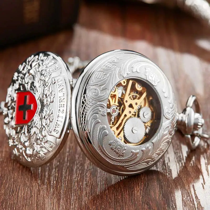 Retro Mechanical Pocket Watch Red Cross Hand-winding Silver Edelweiss Sculpture Hollow Vintage Skeleton Watches Men FOB Chain