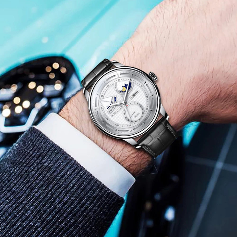 Lobinni Moon Phase Seagull Watch Mechanical Automatic Watches Mens Business Water Resistant Tianjin Movement Male Wristwatch